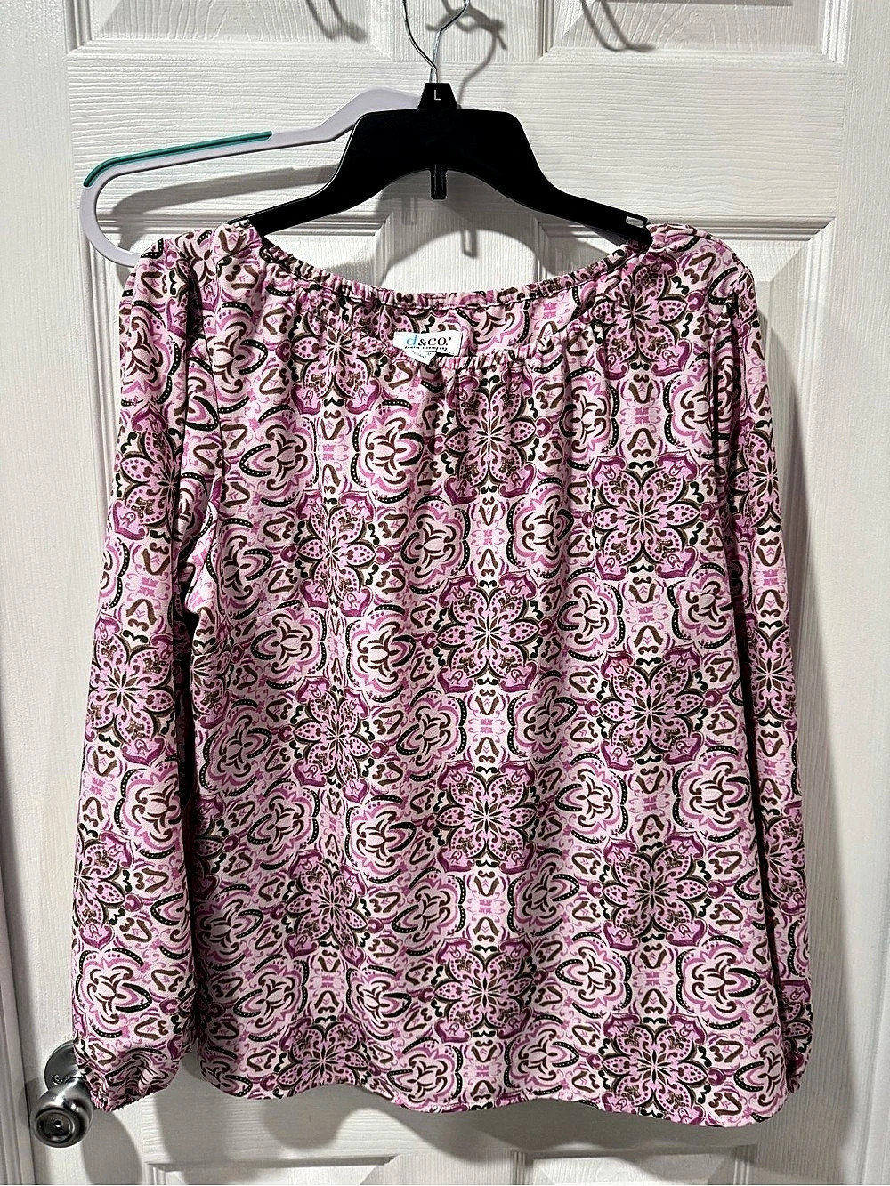 d&co. Floral Long Sleeve Blouse in Pink & White Size Medium